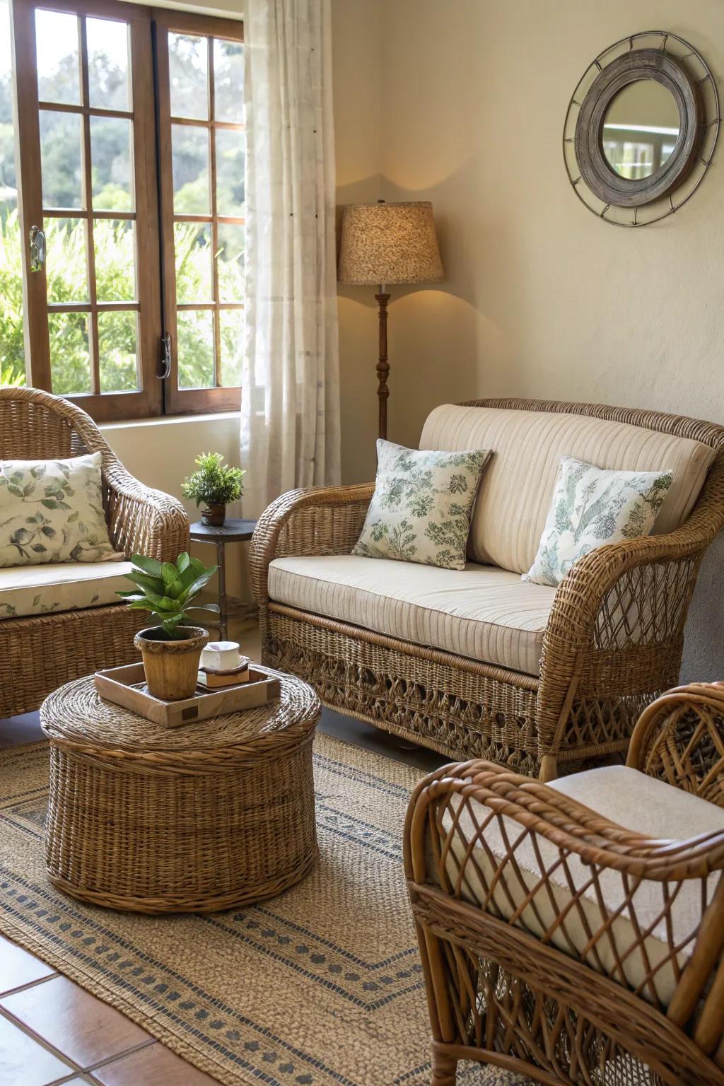 Chamber showcasing rattan and wicker furnishings for amplified texture.