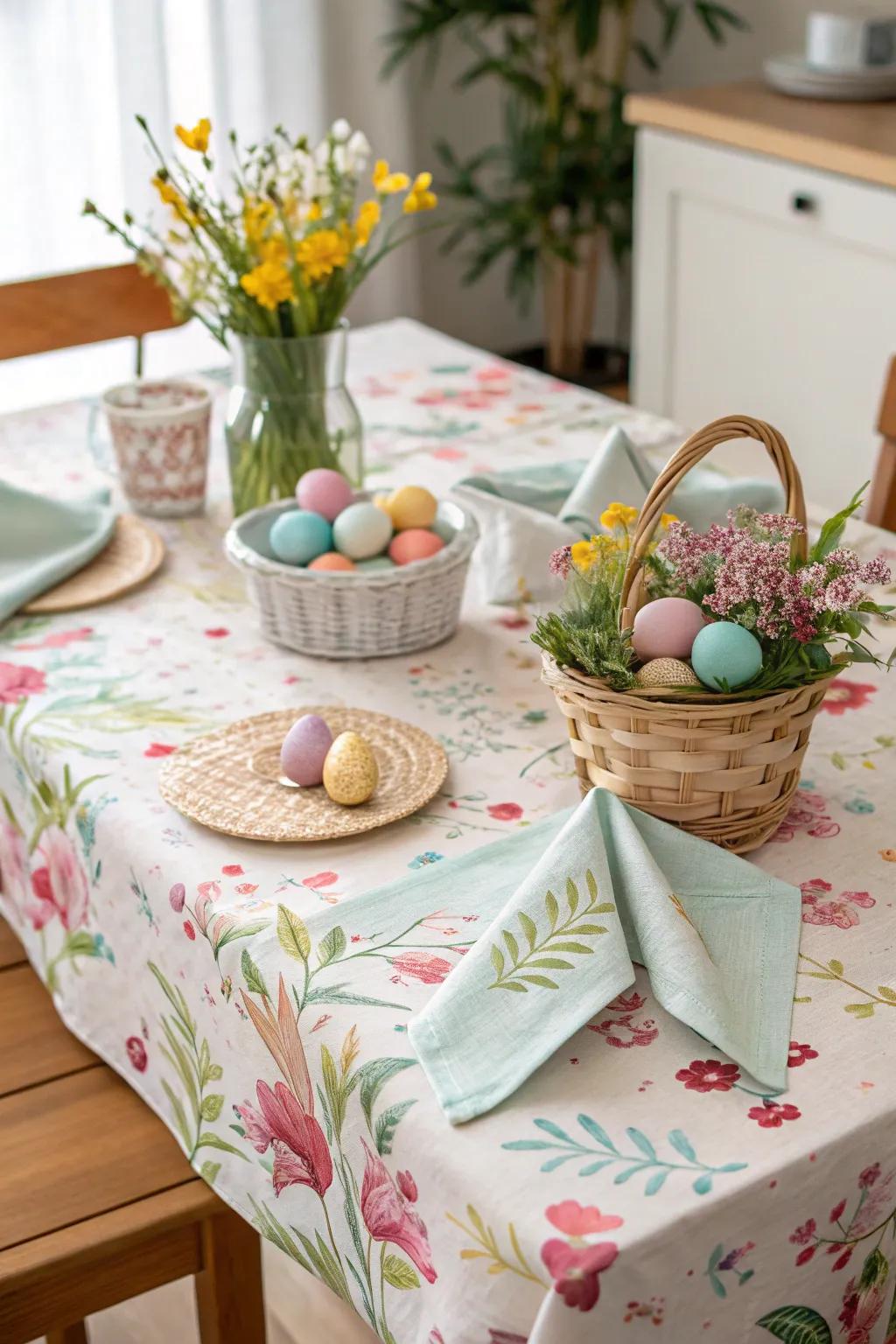 Themed table cloths amplify the celebratory sentiment of the Easter gathering.