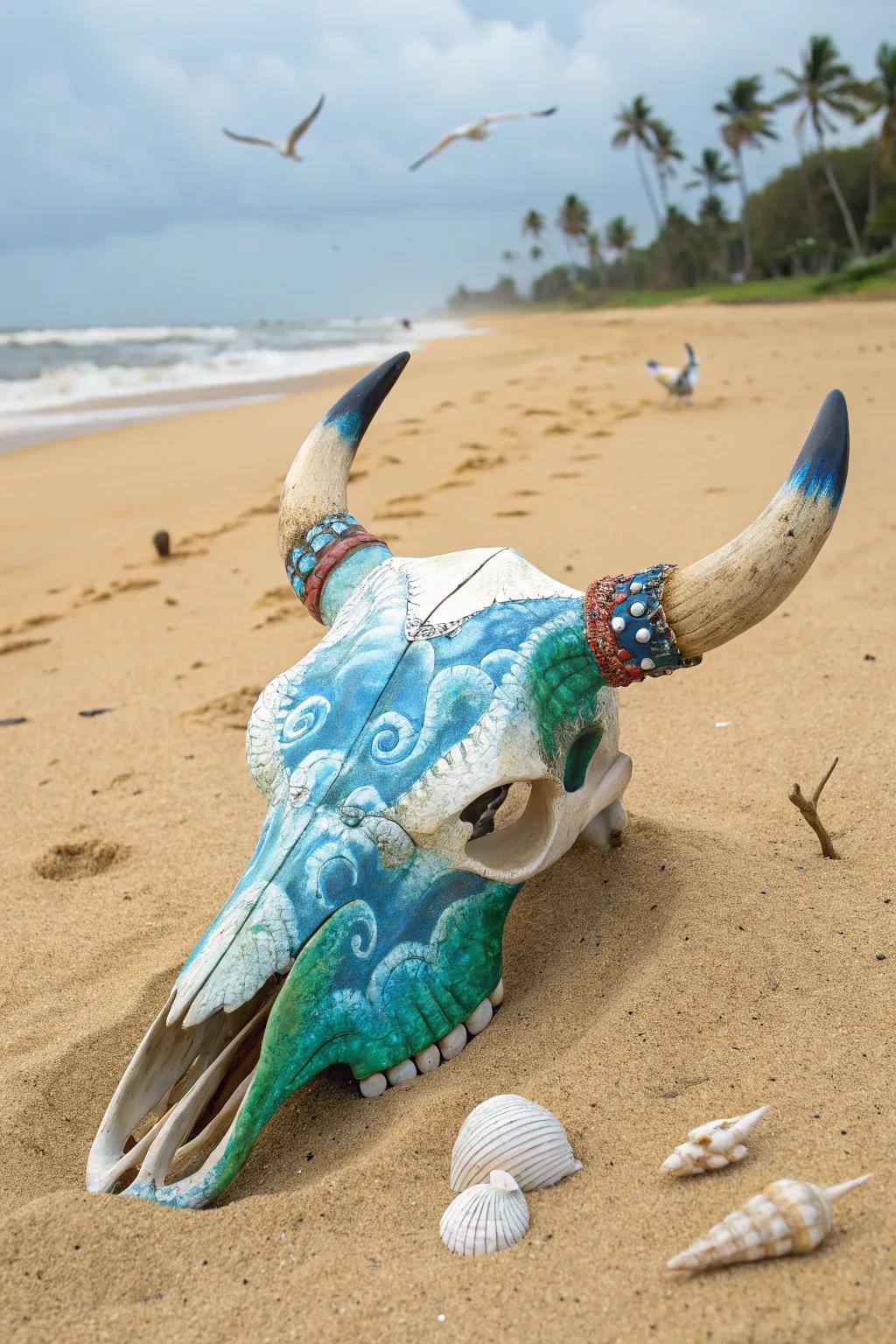 Oceanic themes metamorphose skulls into serene coastal aesthetics.