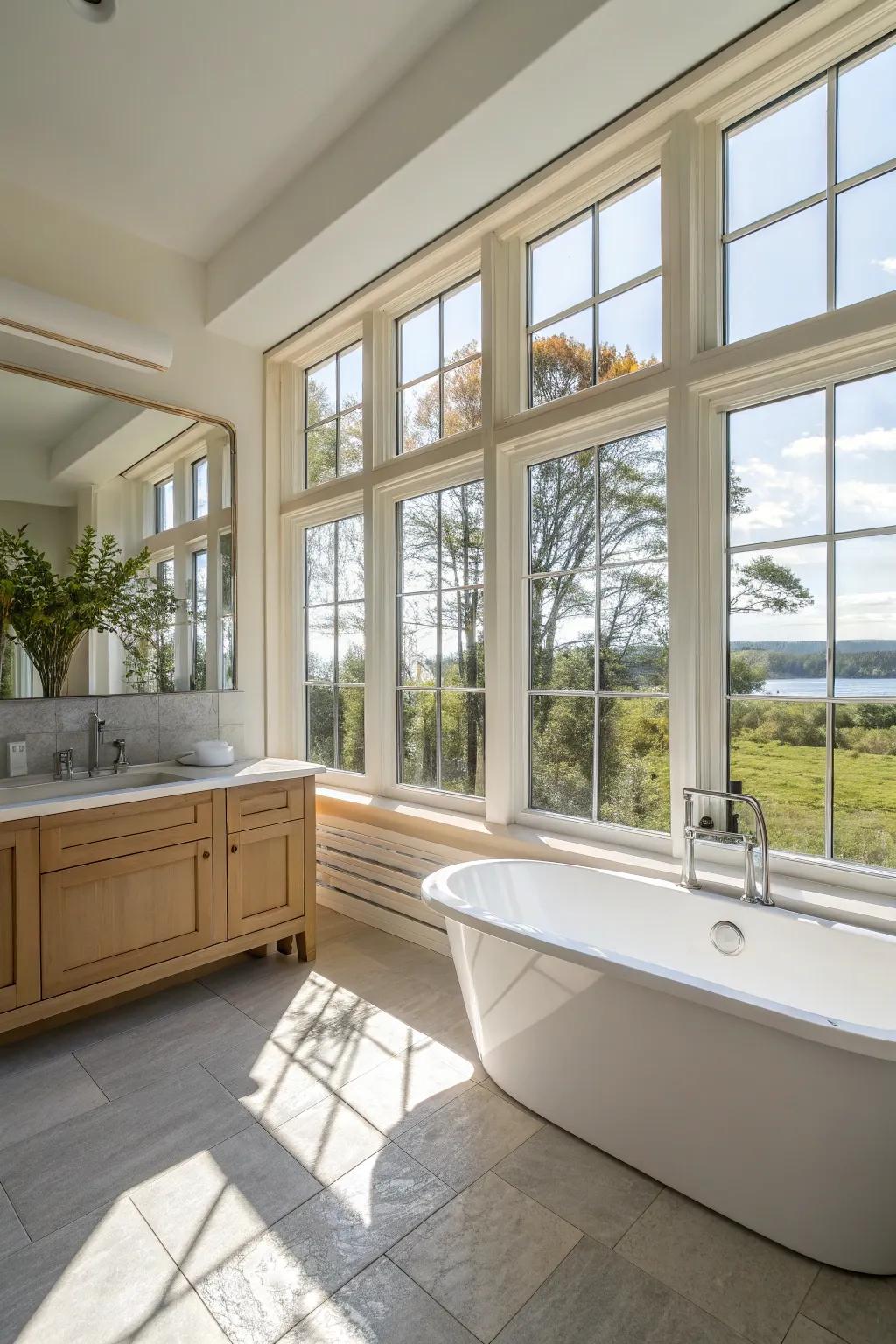 Sunlight pours into this exquisitely designed bathing area, highlighting its salient points.