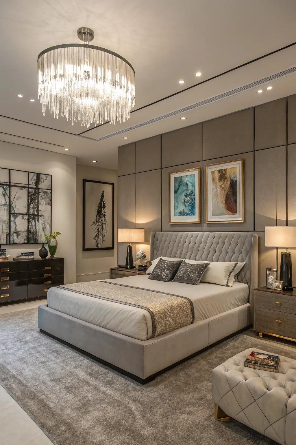 A contemporary luxurious bedroom featuring carefully selected decorative art pieces.