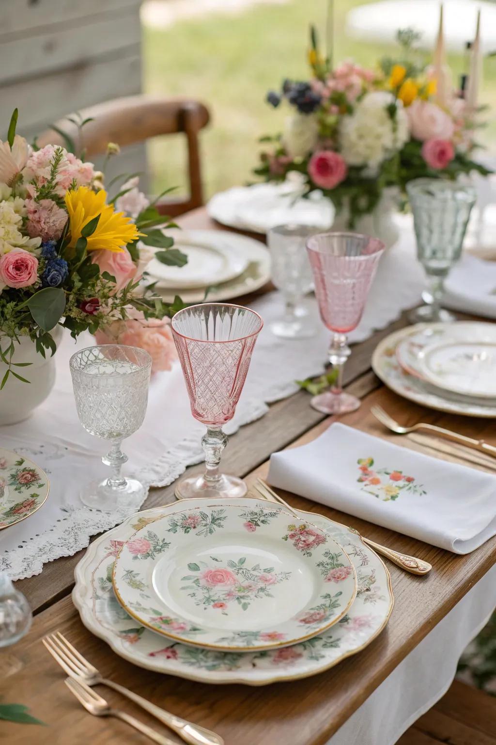 Combination vintage china fashions a charming and eclectic feel.