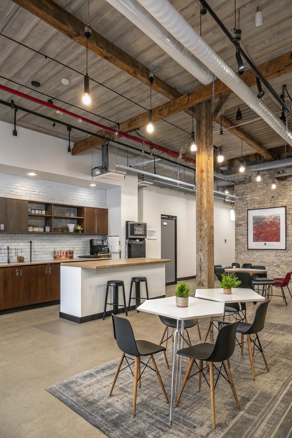 The allure of industrial design blends with minimalism in this break room.