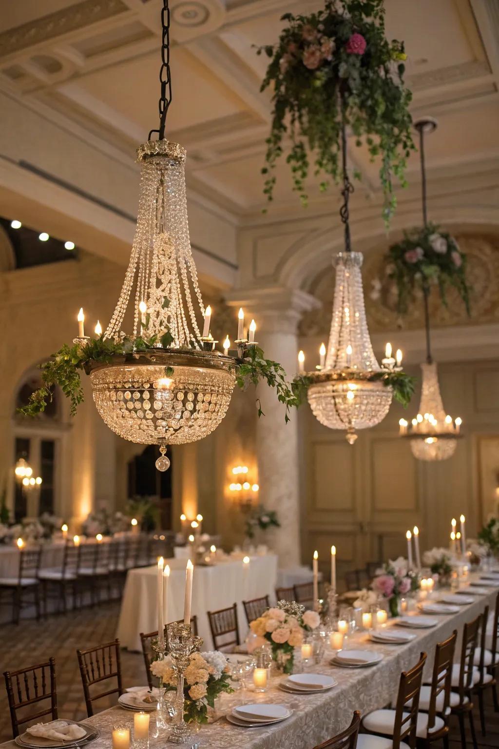 Vintage chandeliers lend an air of sophistication to the party’s atmosphere.