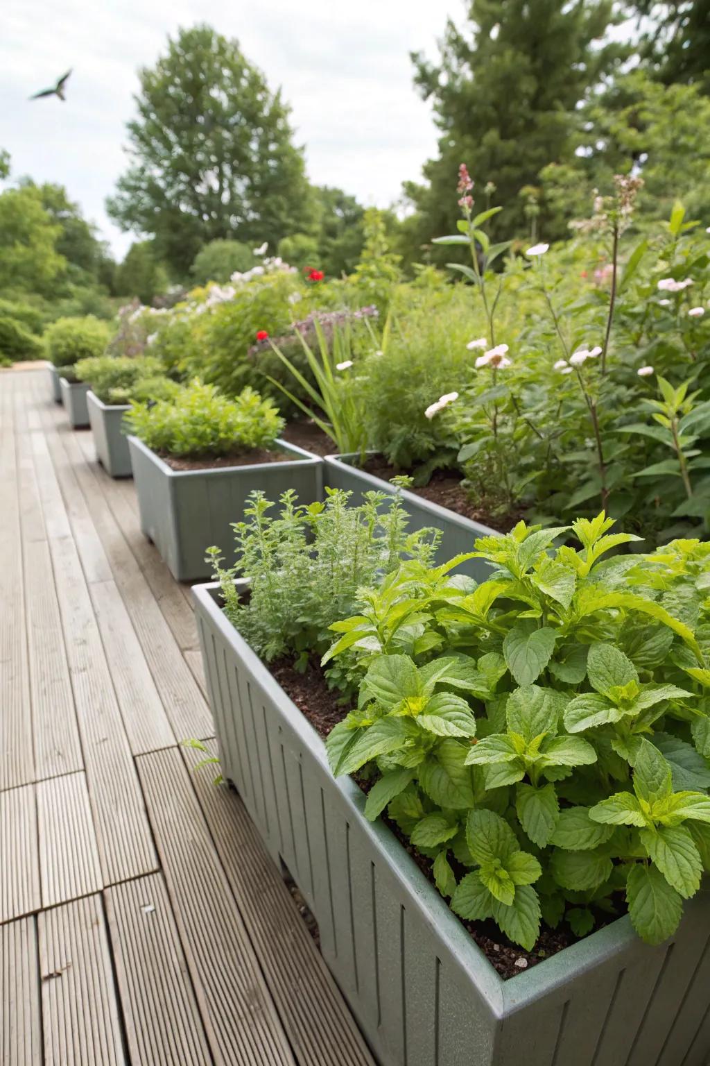Herb-populated containers add both aroma and function to the garden.