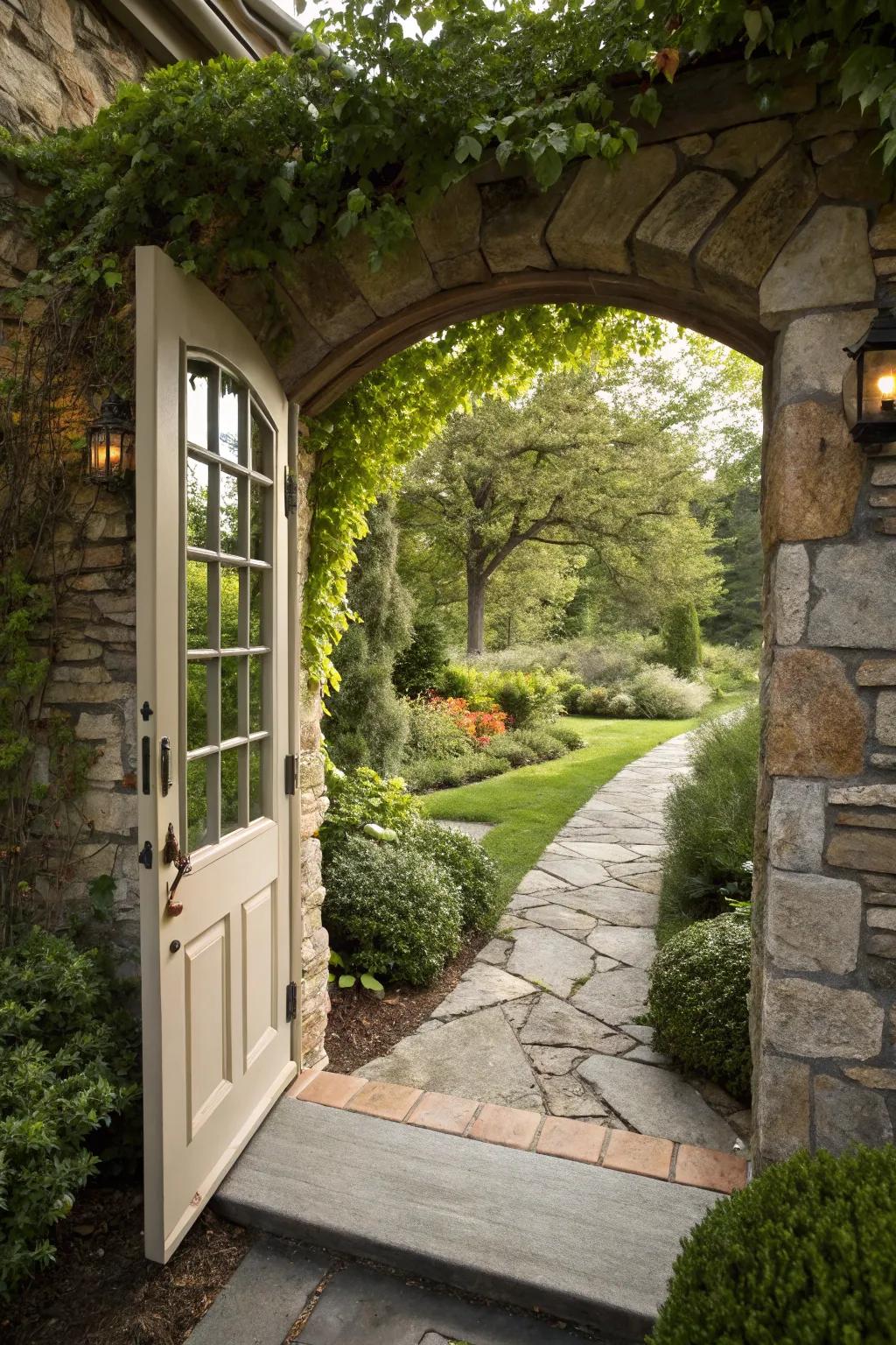 A façade door exquisitely framed by inherent rock.