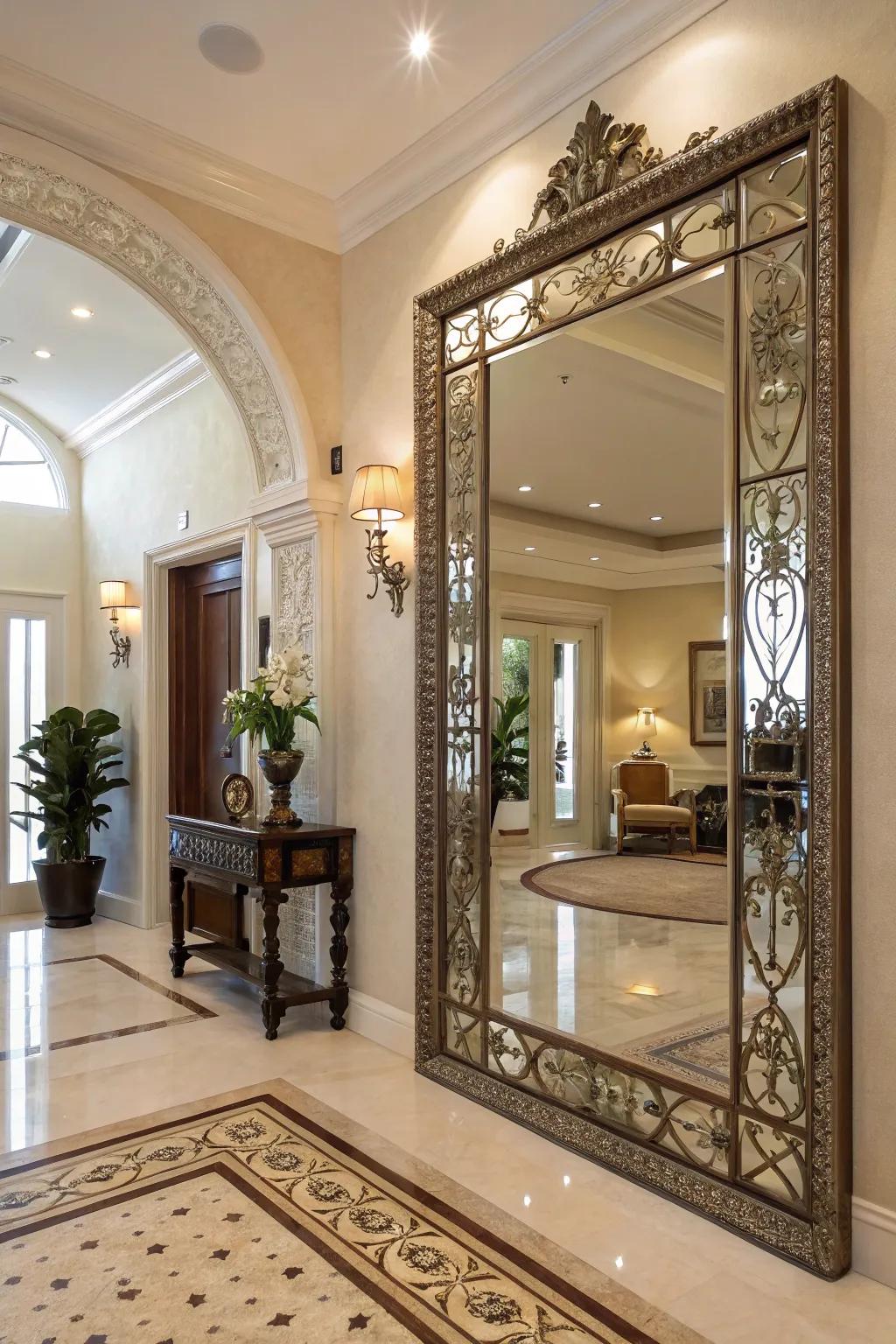 A decorative mirror amplifies luminosity, imbuing this entryway with a sense of depth.