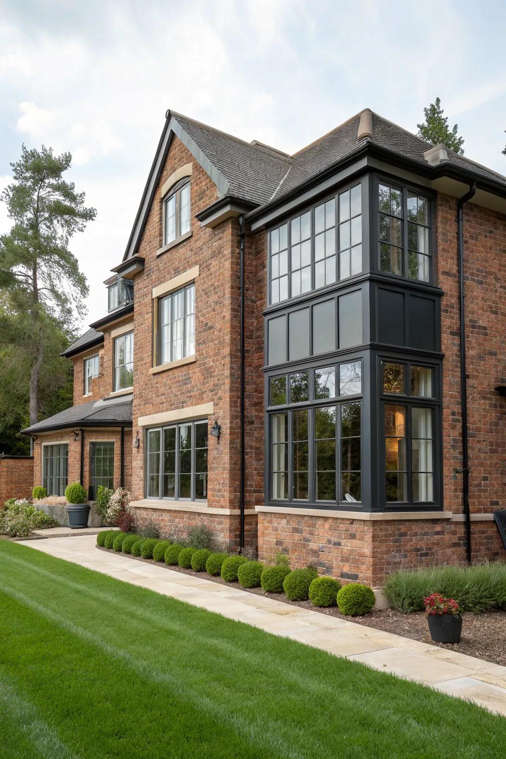 Unconventional window styles can modernize a brick exterior.
