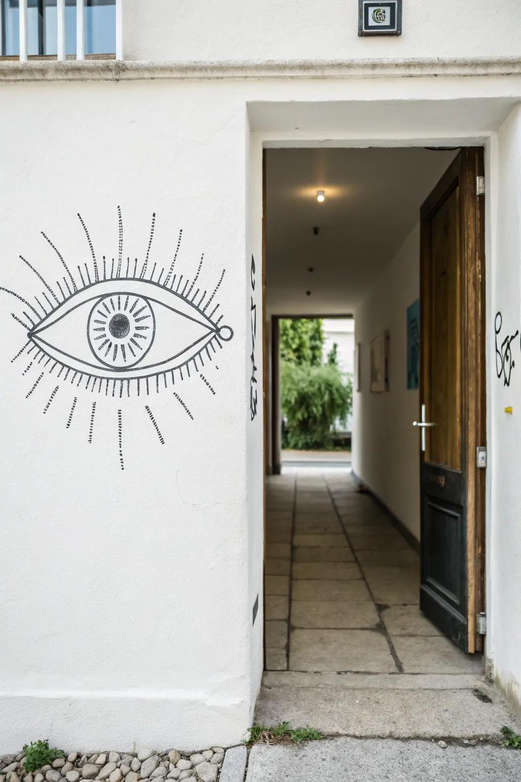 A minimalist eye illustration contributing refinement and sophistication to the entryway.