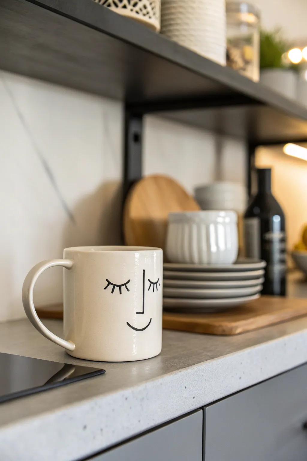 A minimalist face mug offering elegance with a touch of charm.