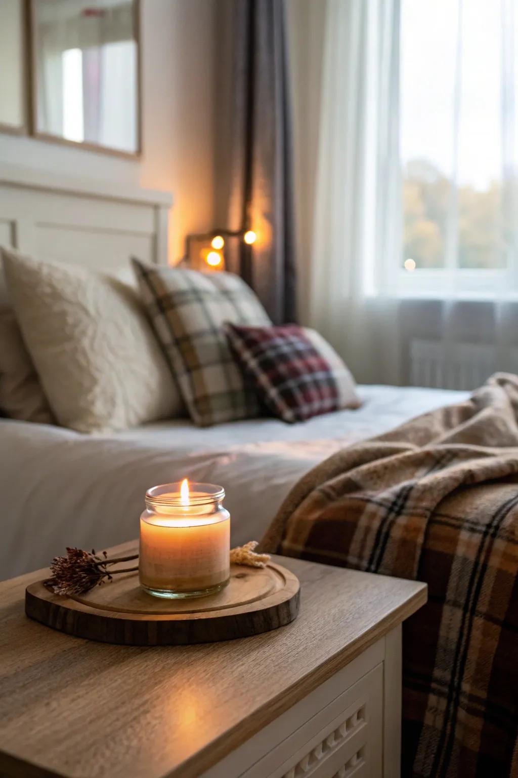 Fragrant wax lights incorporate an alluring essence into your fall-themed bedroom.