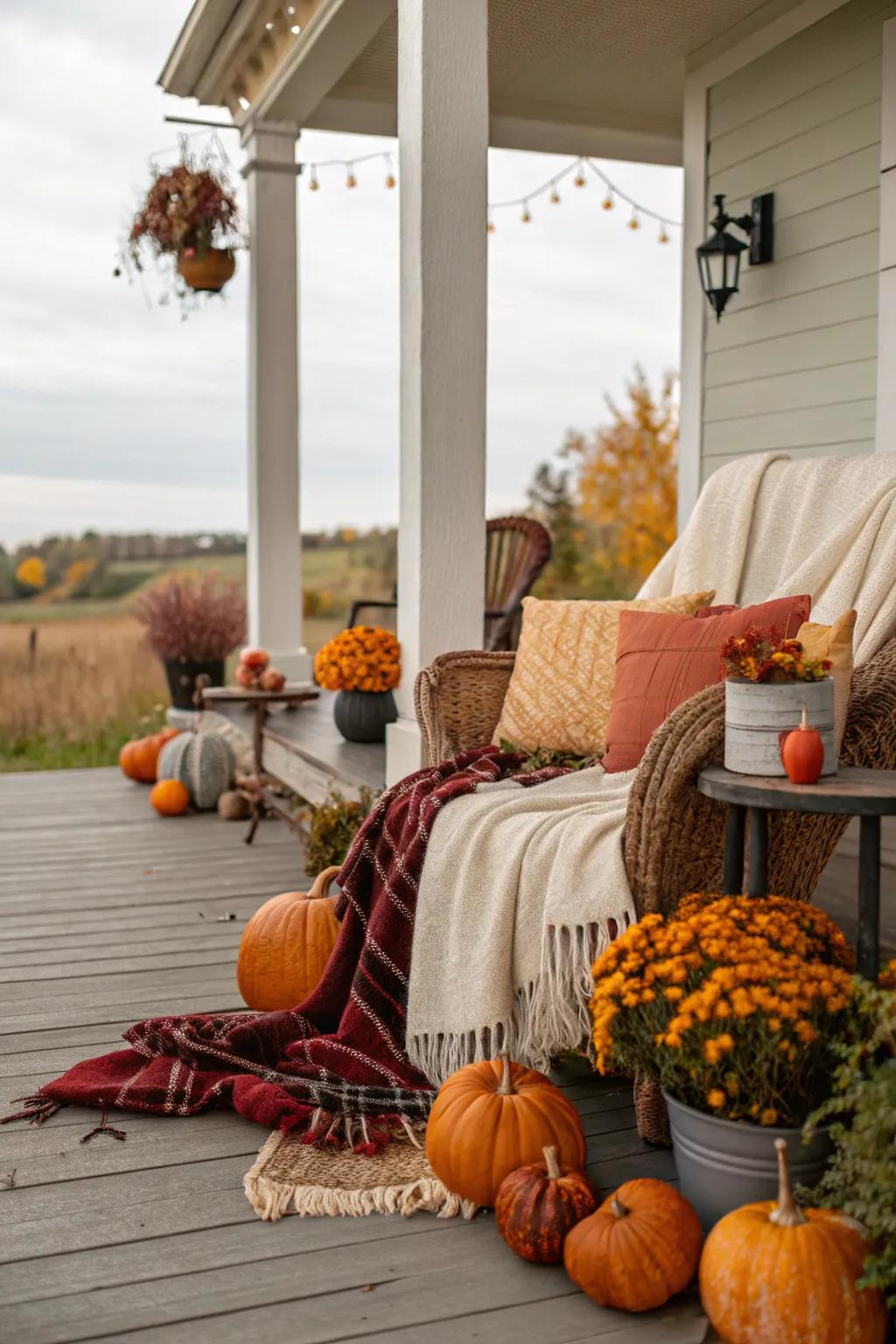Comfortable textiles infuse the porch décor with warmth and coziness.