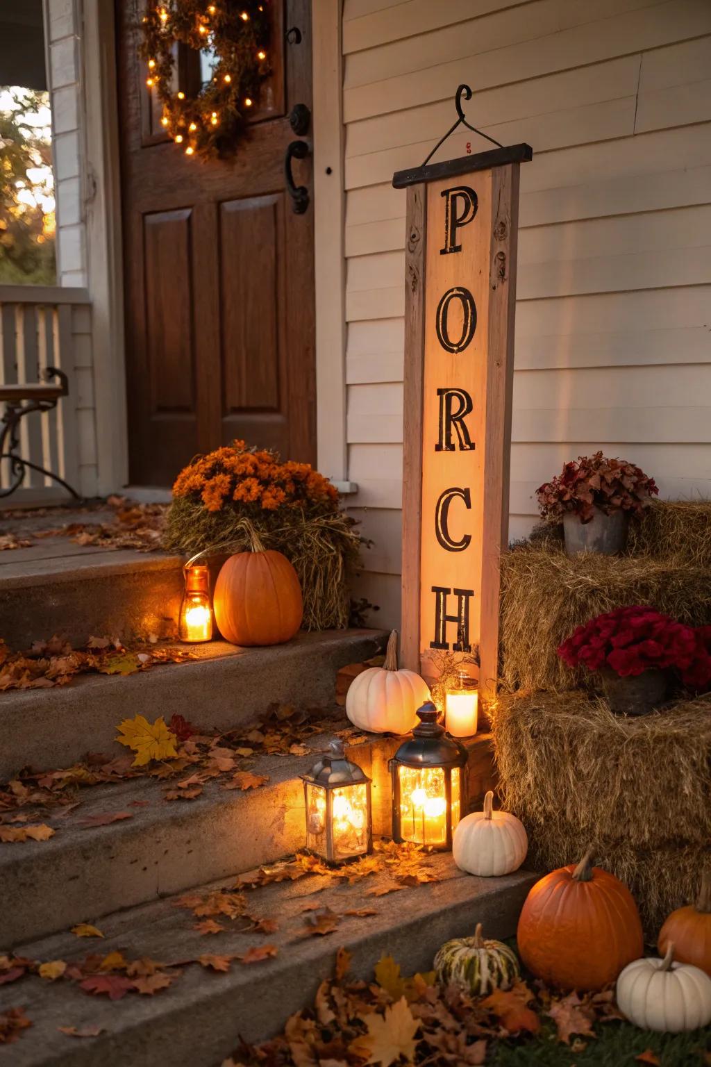 Cultivate a warm evening luminescence with lanterns beside your porch display.