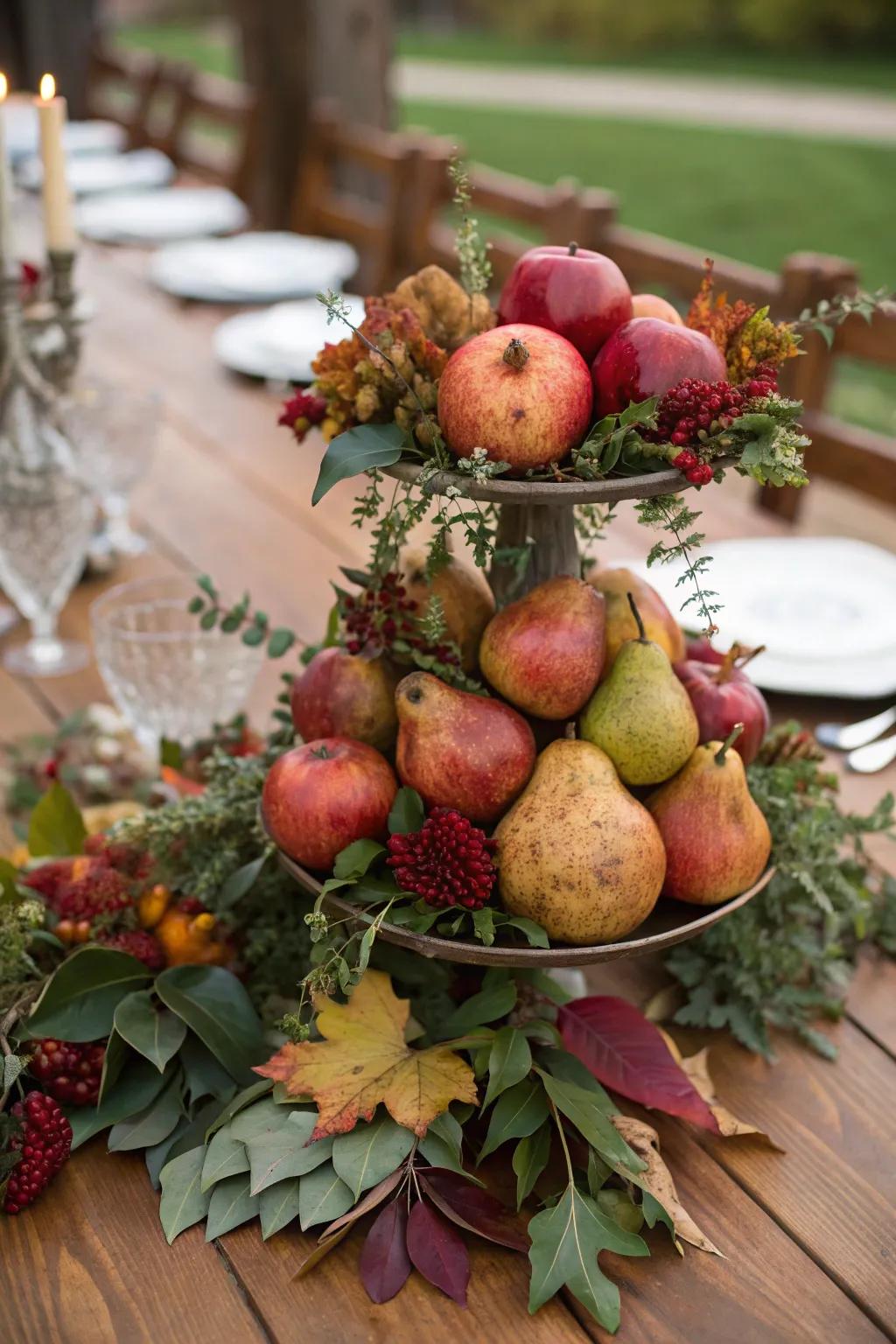 Pomegranates and pears offer a lush, seasonal touch to this fall marriage centerpiece.