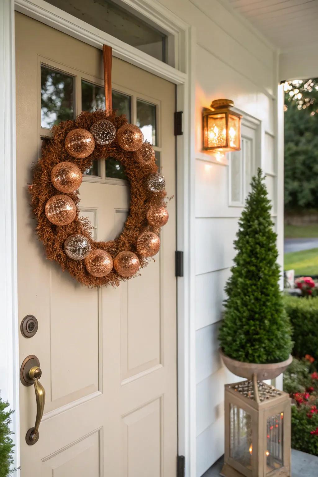 Copper constituents append a modern radiance to your fall wreath.