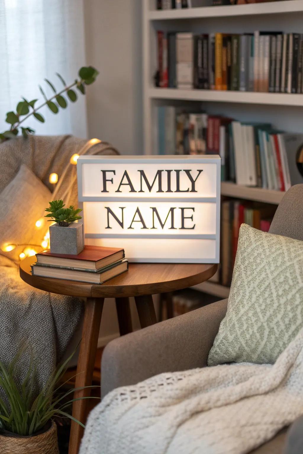 An inspirational surname display delivering a heartfelt element in a reading space.