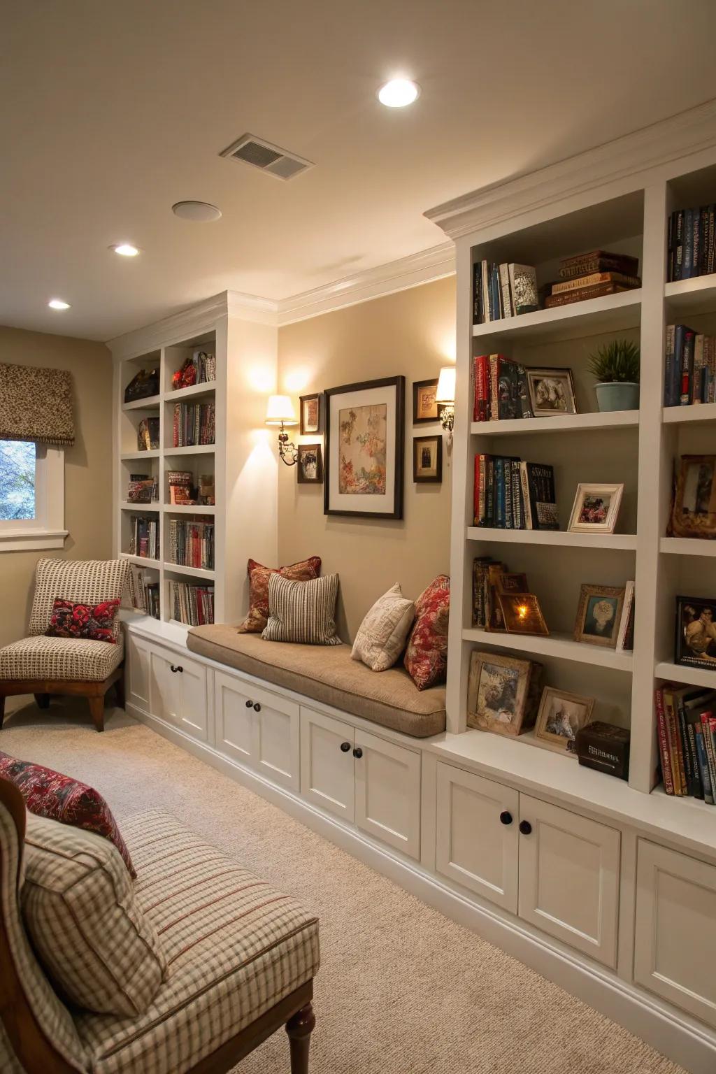 A family room featuring an enchanting mini library corner.