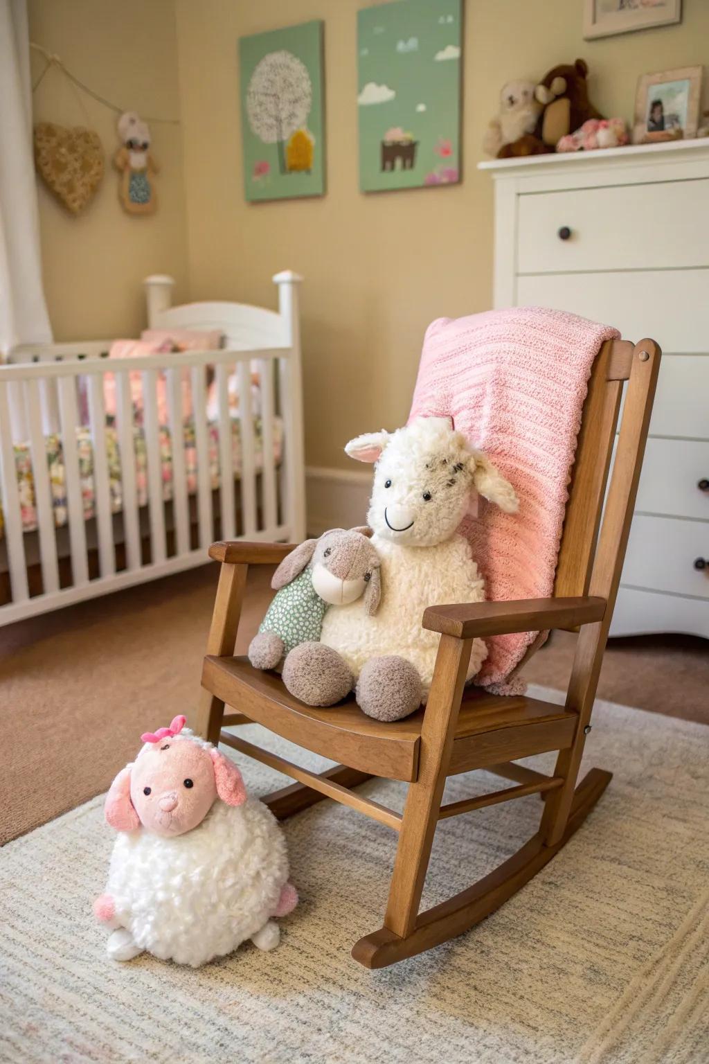 Plush companions introduce warmth and comfort to a countryside-themed space.