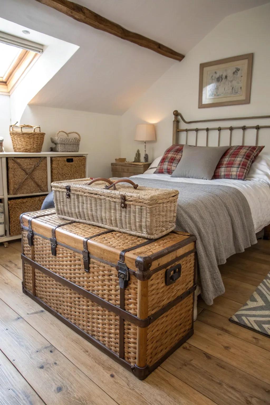 Wicker and chests introduce functional charm to the bedroom.