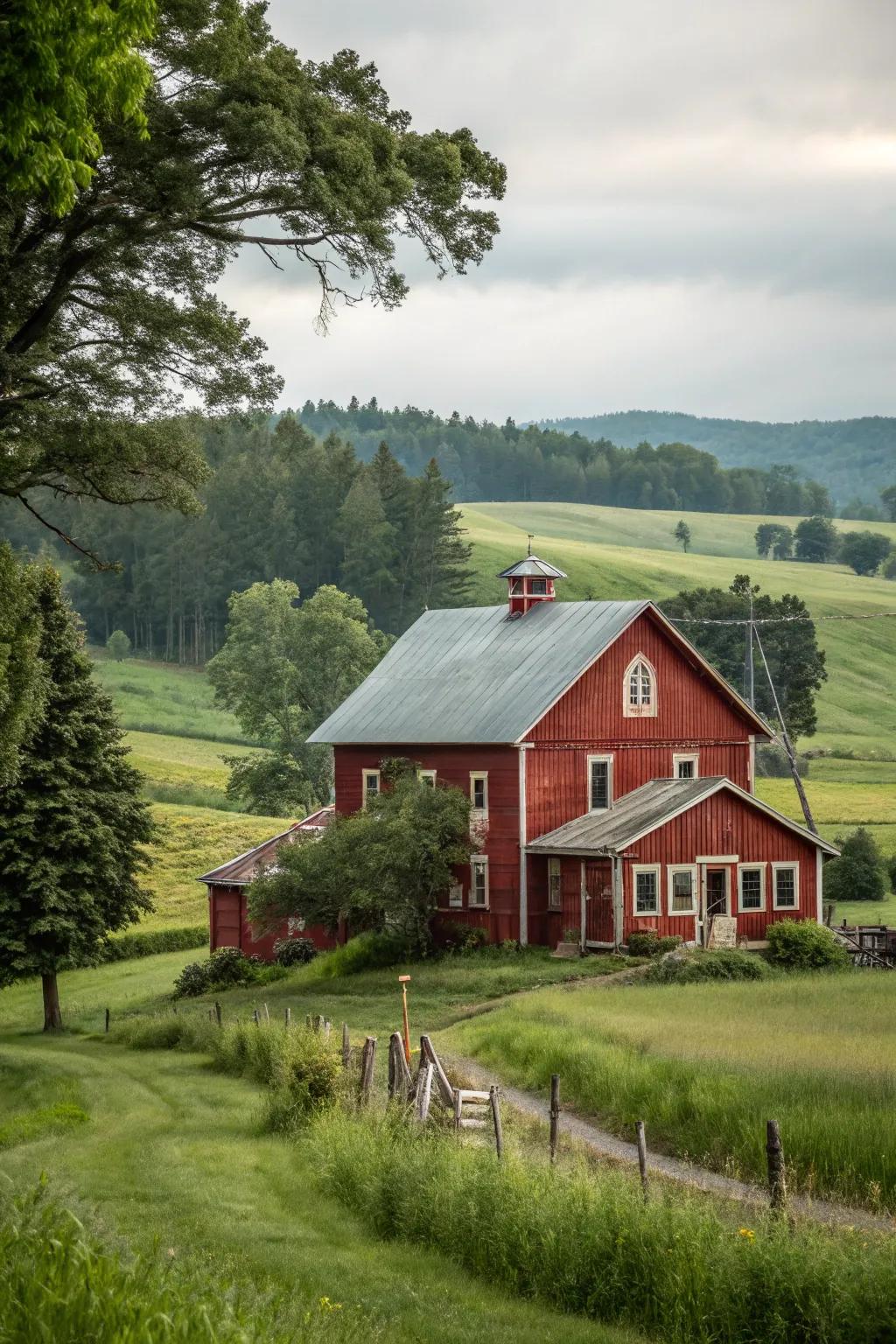 A rustic red farmhouse capturing traditional charm.