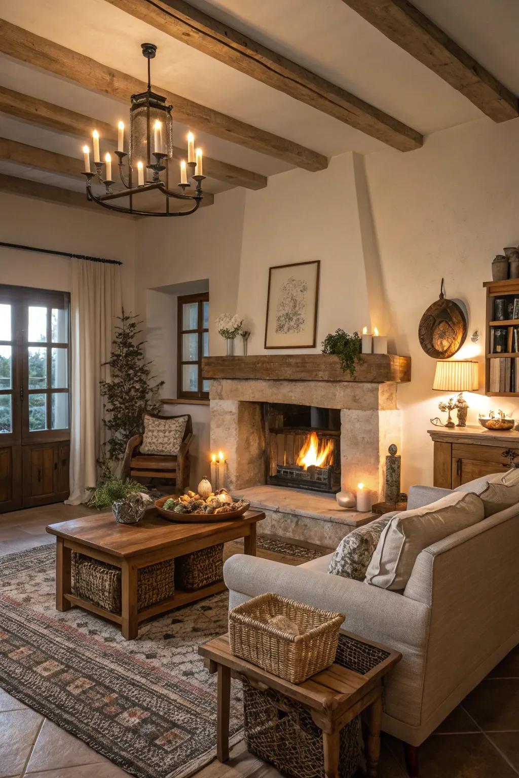 Inviting illumination intensifying the coziness of a farmhouse fireplace.