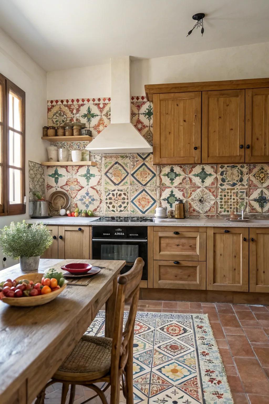 A country-style kitchen featuring a striking patterned block backsplash.