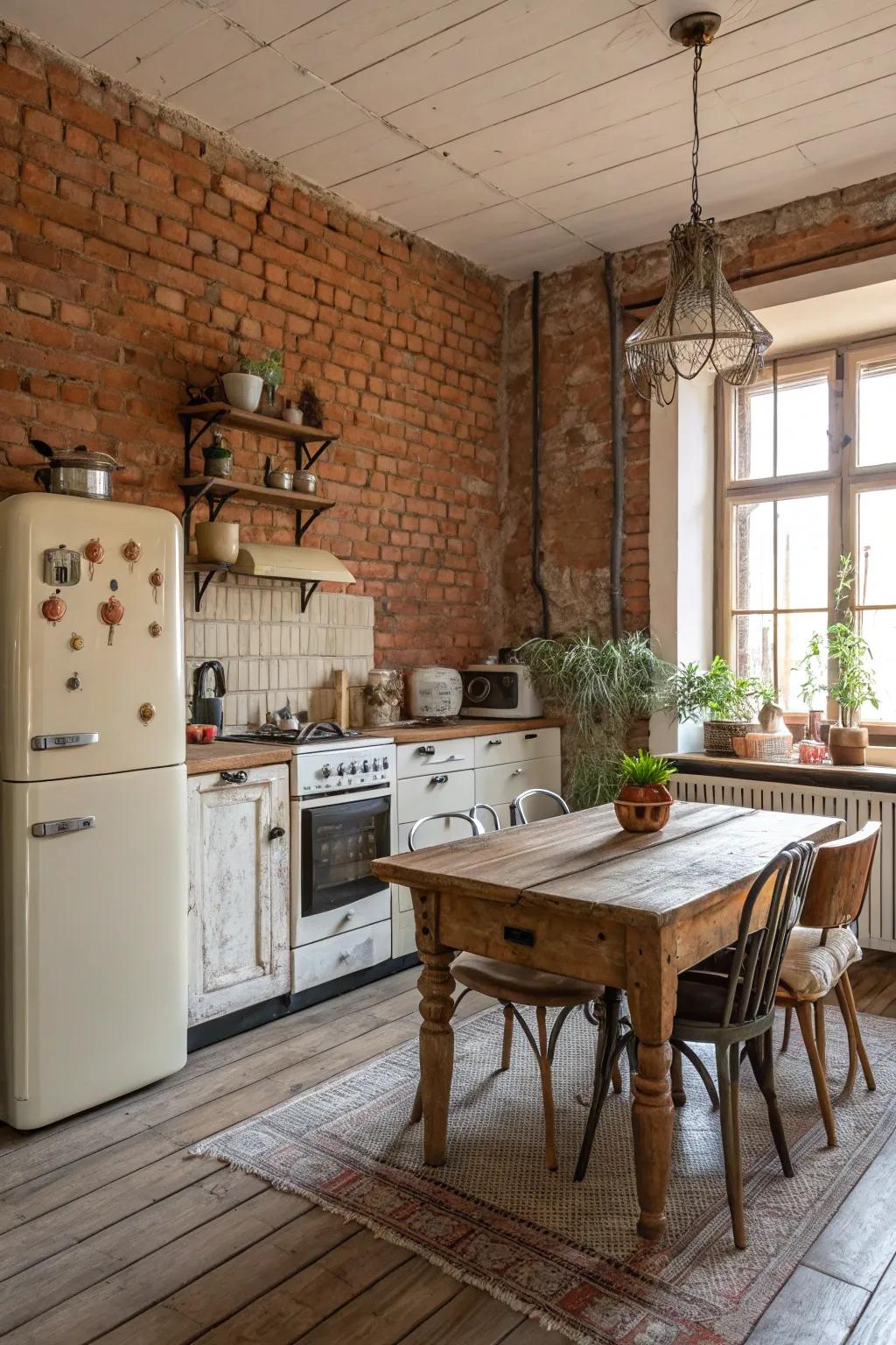A farmhouse kitchen showcasing exposed brick walls.