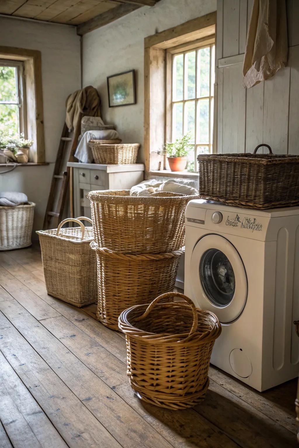 Decorative containers offer both function and flair in this farmhouse laundry area.