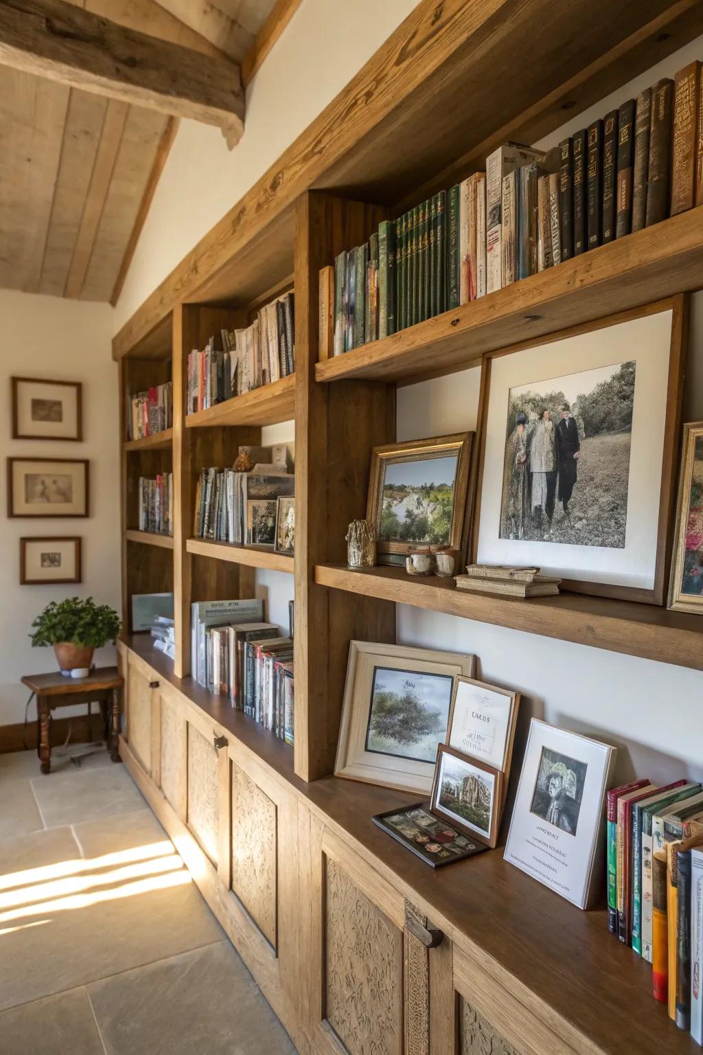 Art and personal images among books inject a personal element into the library.