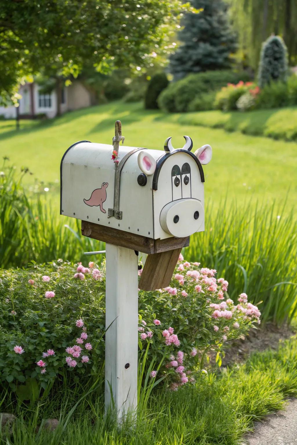 A whimsically shaped mailbox adds a playful touch to the farmhouse aesthetic.