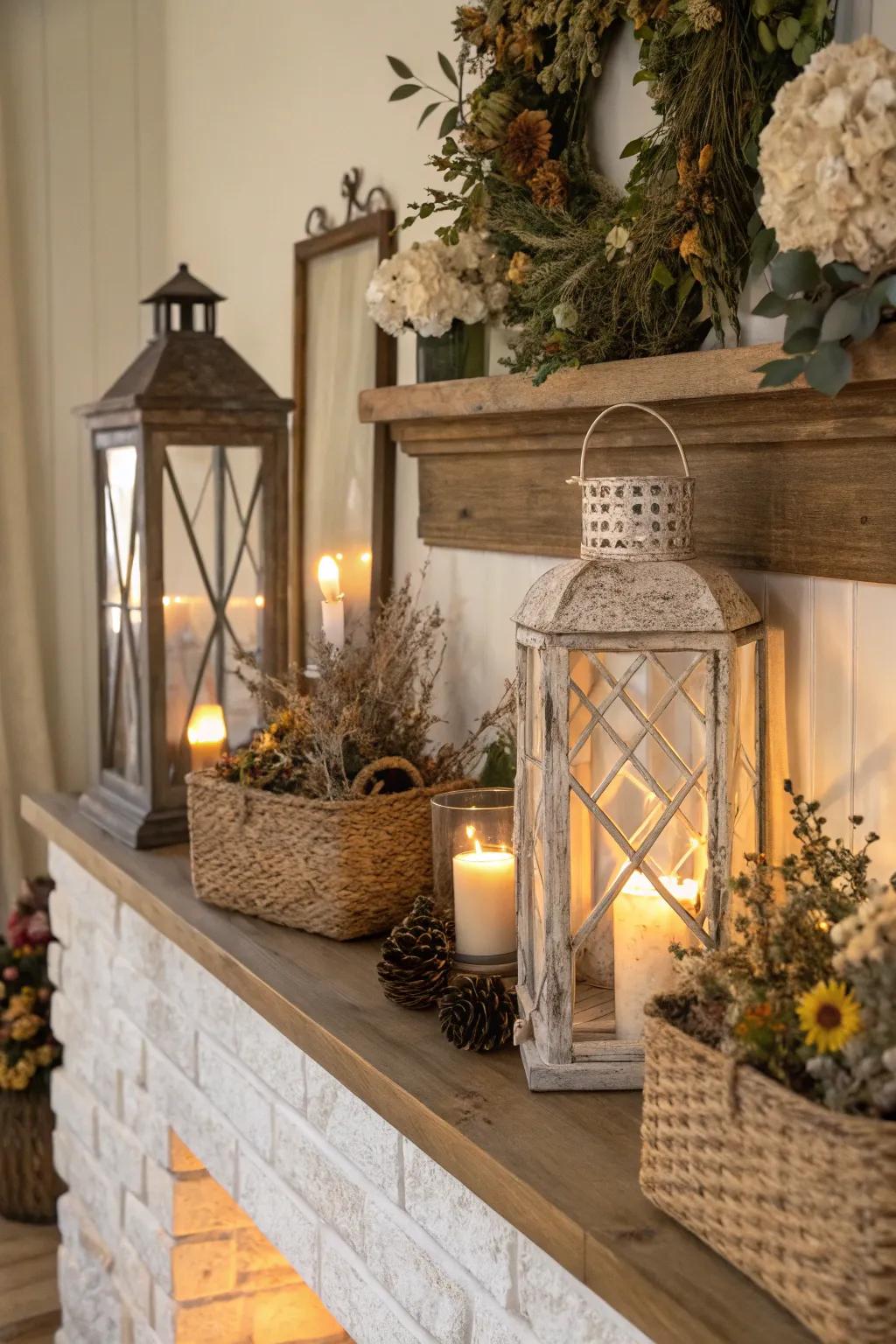 Countryside lanterns cast an inviting, warm glow across the mantel.