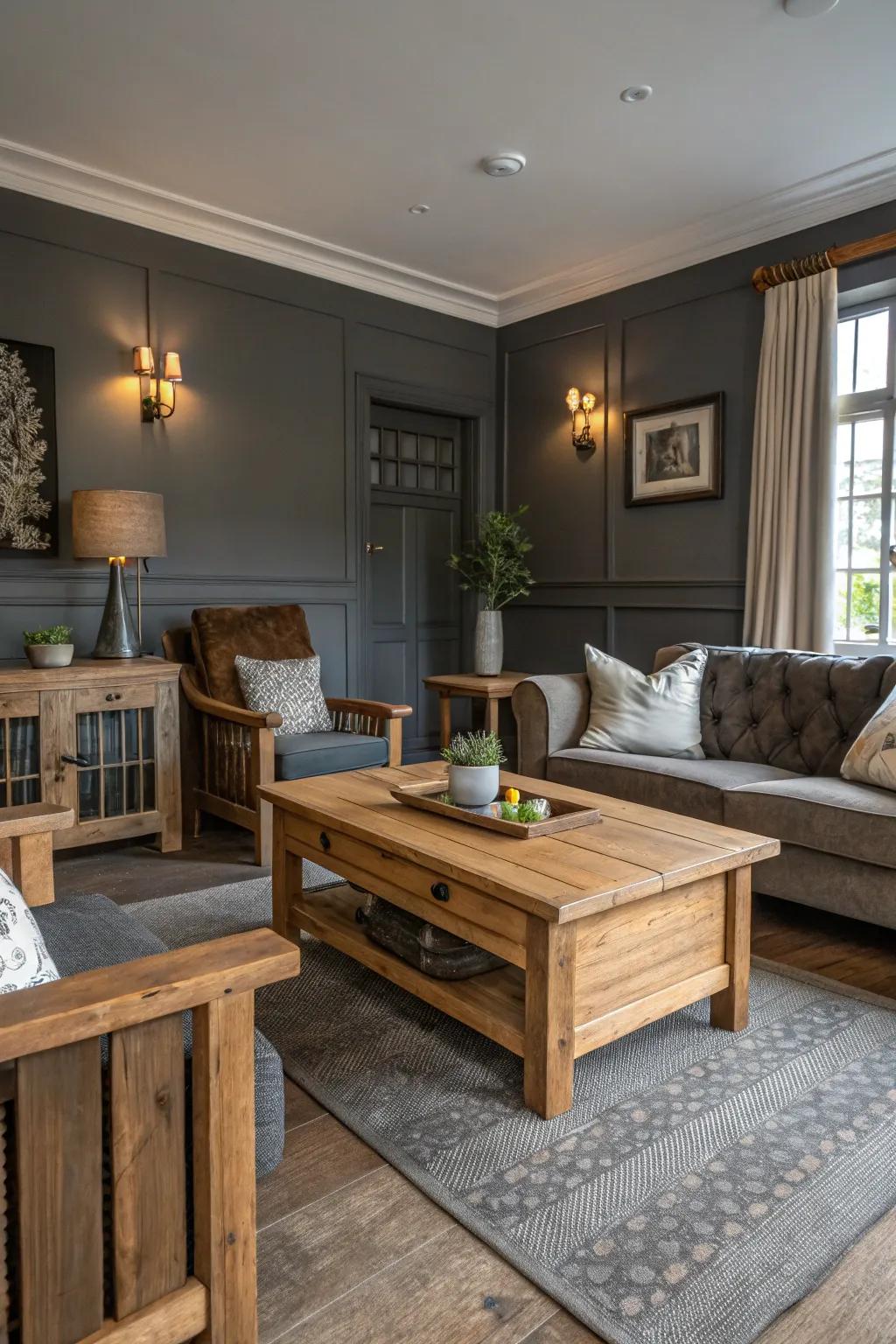 Coal gray walls fashion a dramatic yet cozy atmosphere.
