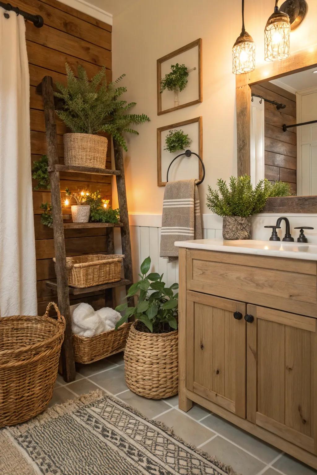 Farmhouse accessories inject comfort and individuality into this bathroom.