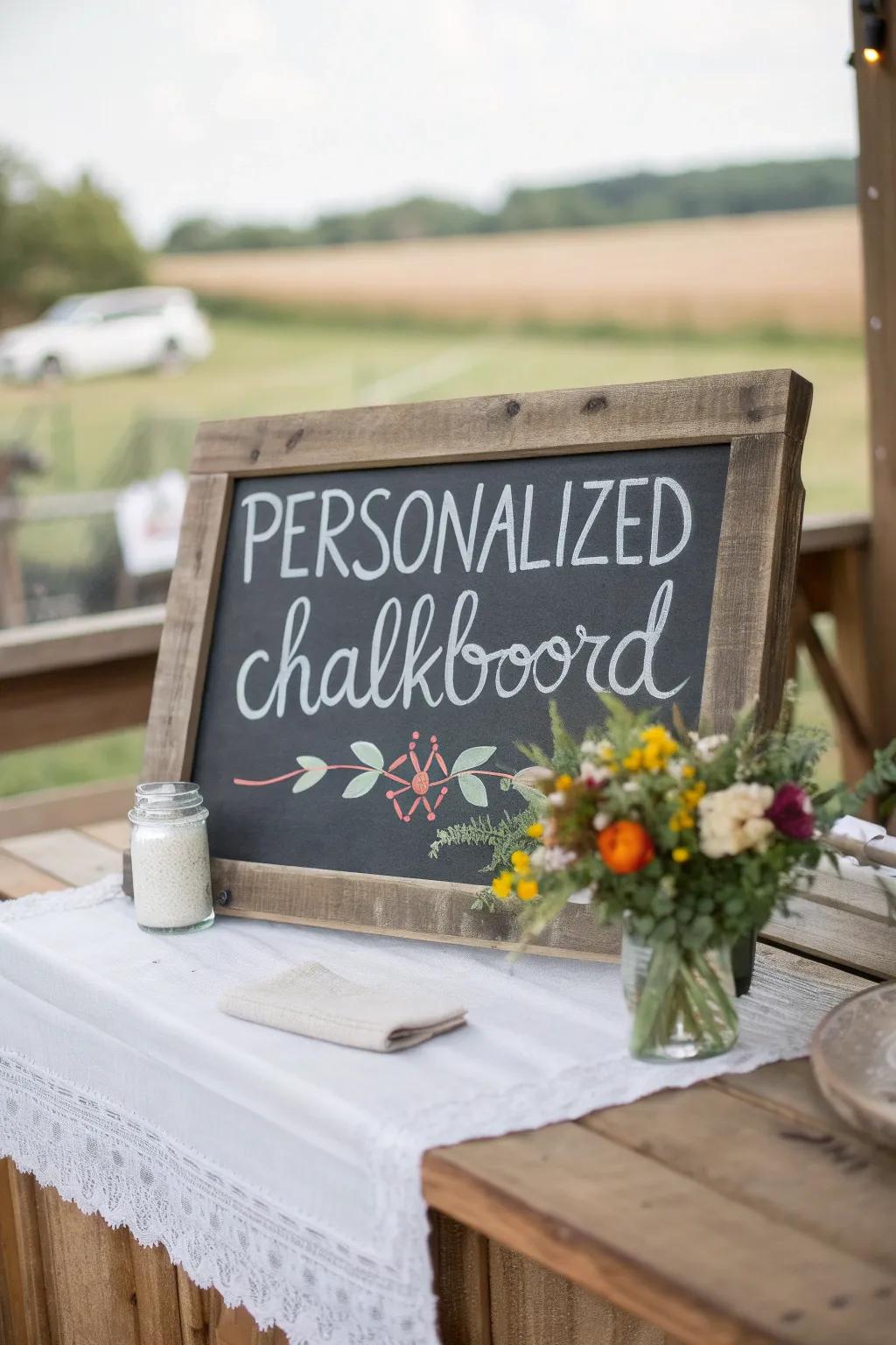 A personalized chalkboard sign introduces a pleasant, inviting detail to your table.