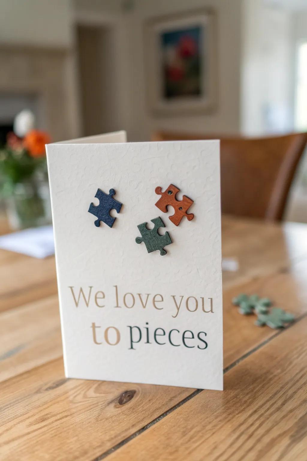 <strong><em>Celebrate Dad with a card as unique as he is! 🌿 #FathersDay #MinimalistDesign #HandcraftedLove</em></strong>” loading=”lazy” class=”pimg”>
	</picture><figcaption><strong><em>Celebrate Dad with a card as unique as he is! 🌿 #FathersDay #MinimalistDesign #HandcraftedLove</em></strong></figcaption></figure>
<p>Affix puzzle fragments onto the card accompanied by the expression ‘We love you to pieces.’ It epitomizes a playful avenue to underscore Dad’s significance to the familial enigma, and I perceive it as delightfully eccentric.</p>
<h3>A few things you might like:</h3>
<ul class=