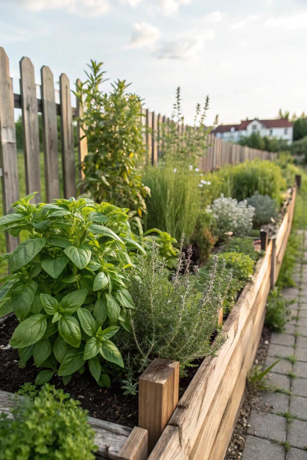 A fence-side herb garden embodies both aesthetic and functional attributes.