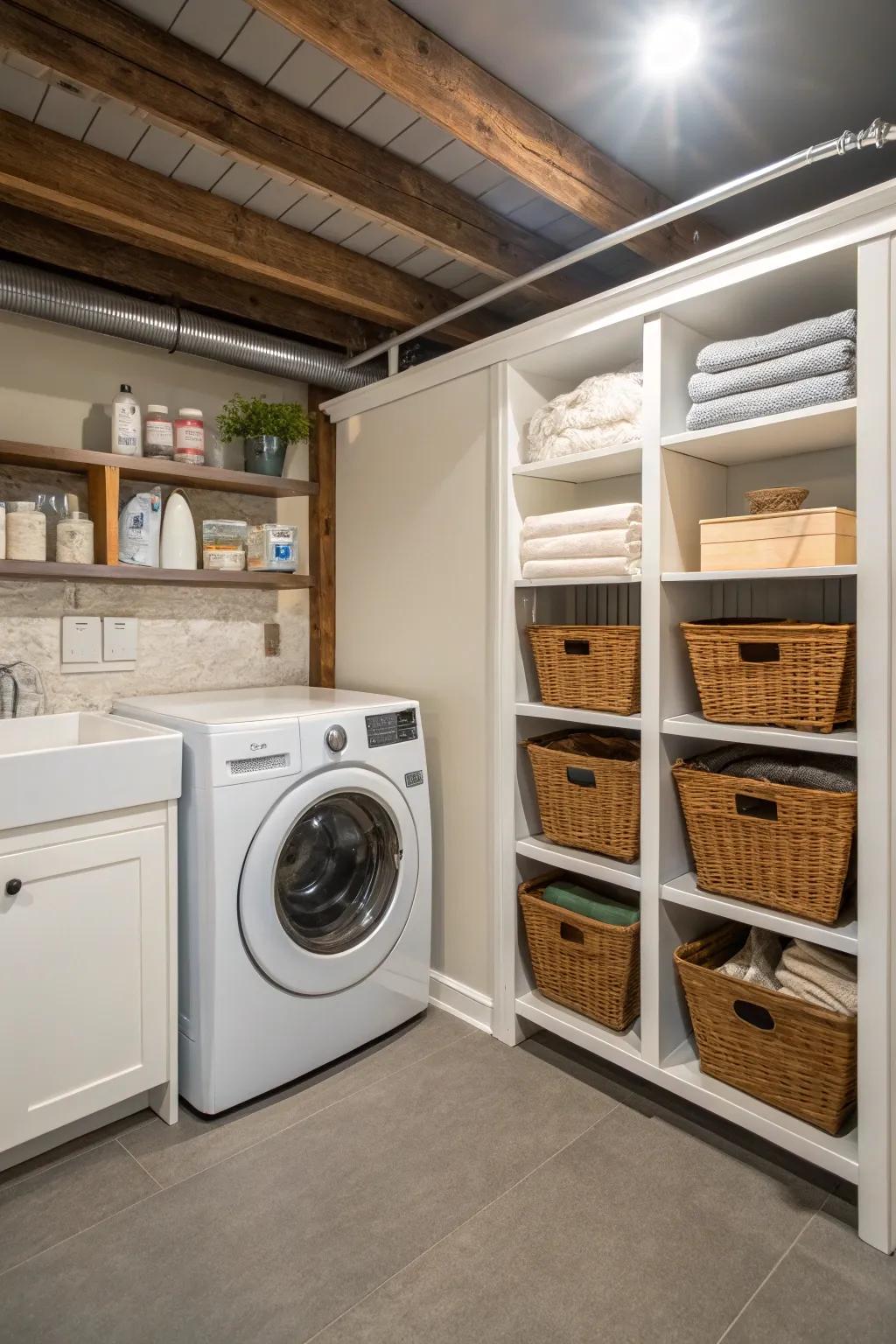 Improve space use with a crawl space laundry setup.