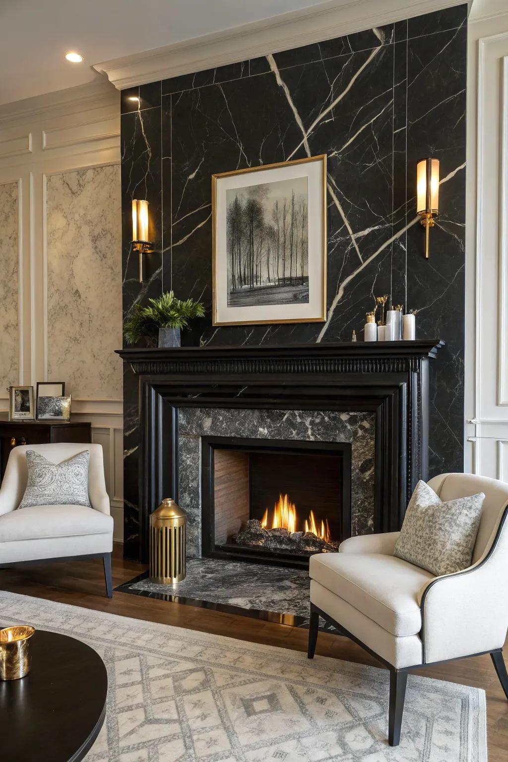 Craft a theatrical look with a striking black marble fireplace background.