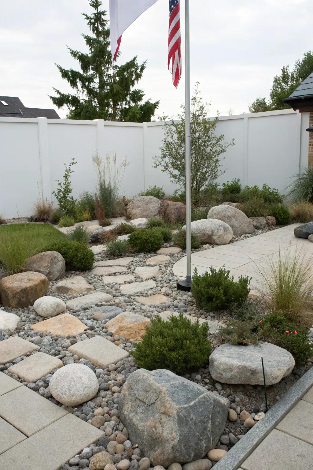 Rock gardens present a streamlined, low-upkeep visual.