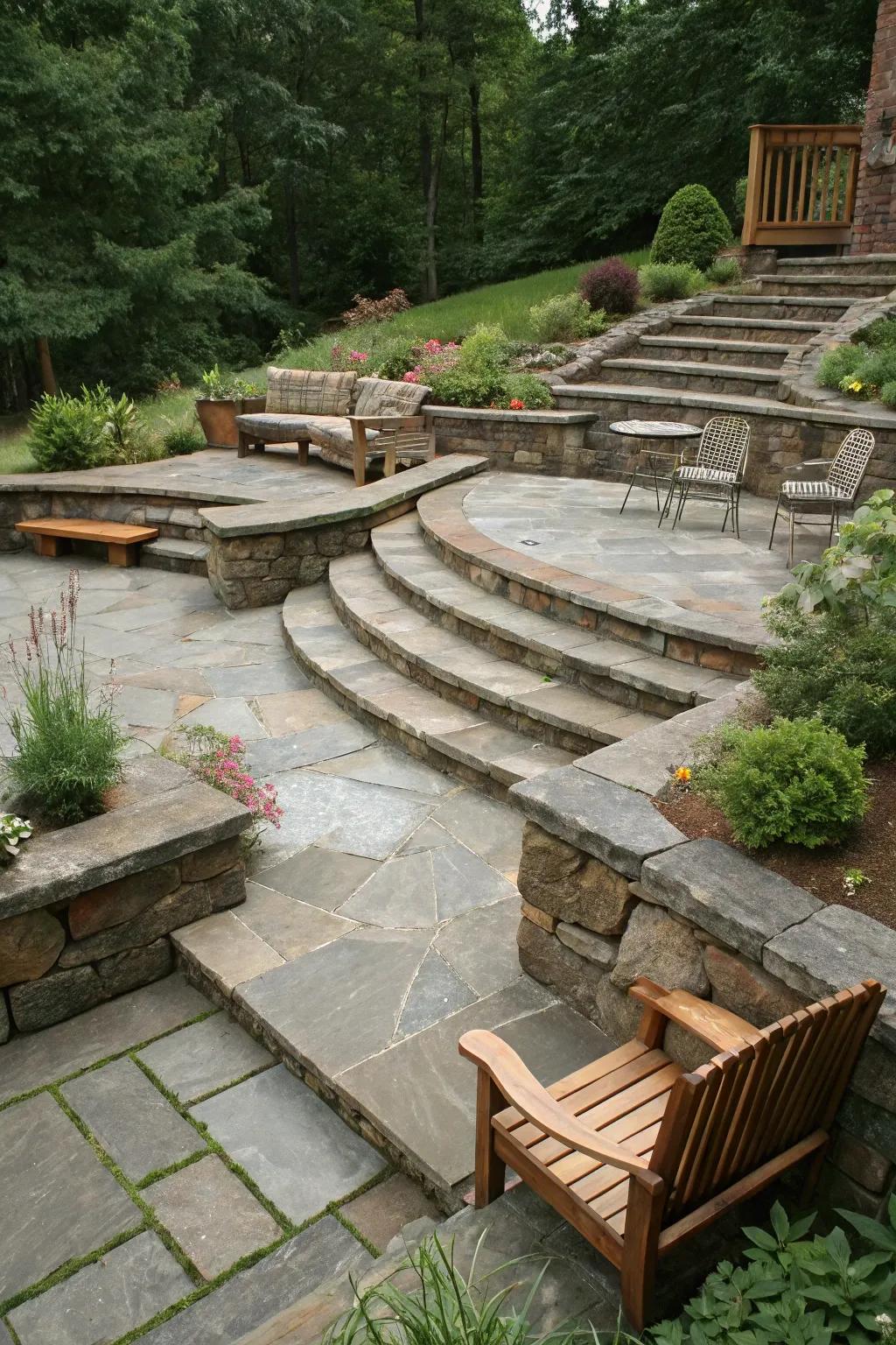 A sophisticated split-level flagstone patio.