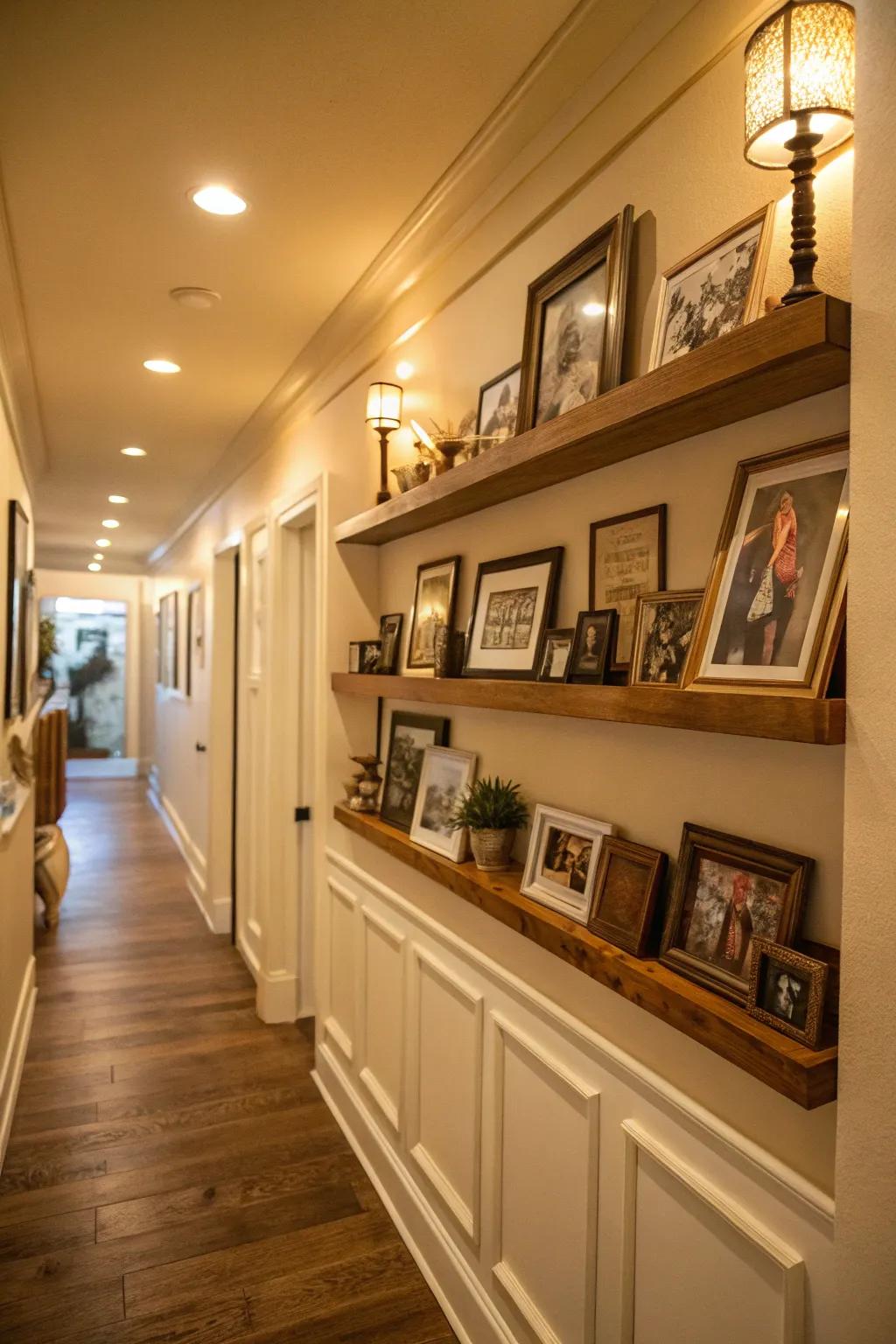 Incorporate personal elements into your hallway through floating shelves.