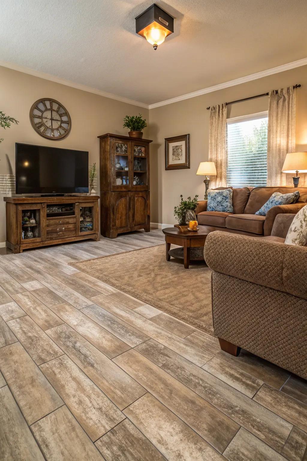 Wood-look tiles offer warmth and ease of maintenance.