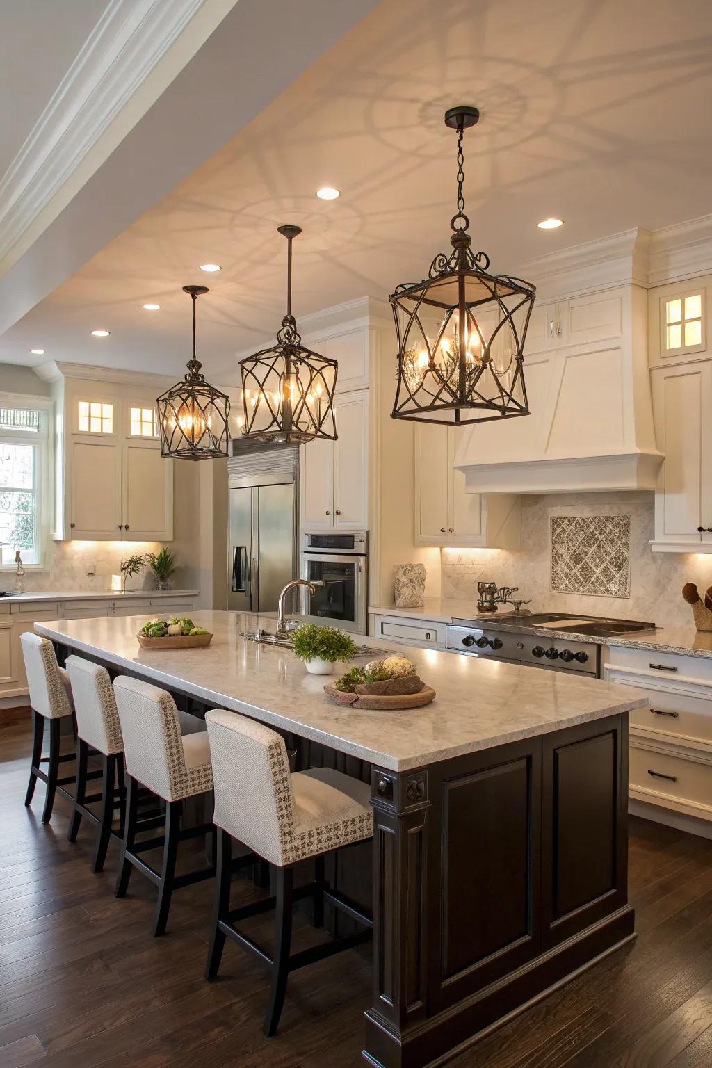 Stylish lights that act as visual focus points in a fashionable cooking space.