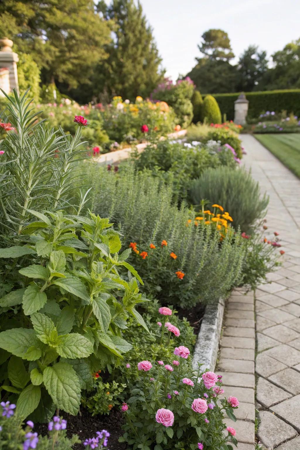 A practical and exquisite floral border featuring edible herbs like mint and rosemary.