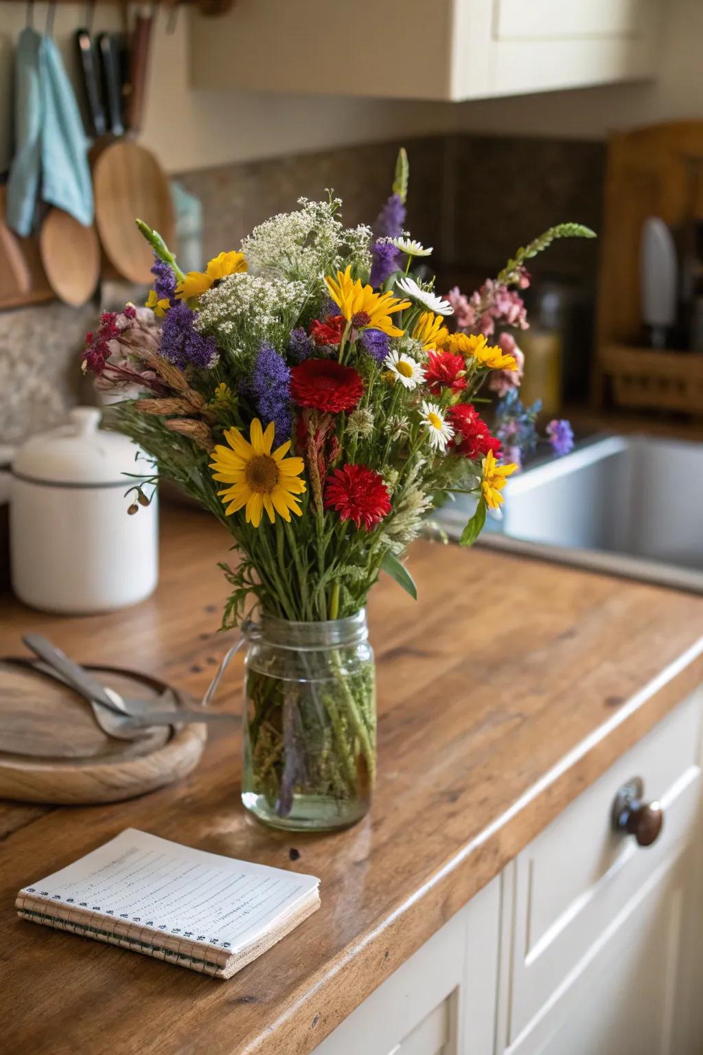 A rustic flower bouquet enriching the cozy charm of a country-style kitchen.