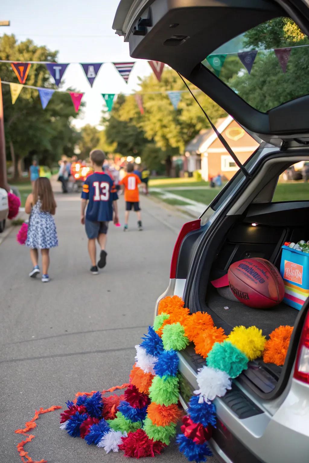Pom-poms convey vitality and thrill to your football-oriented trunk.