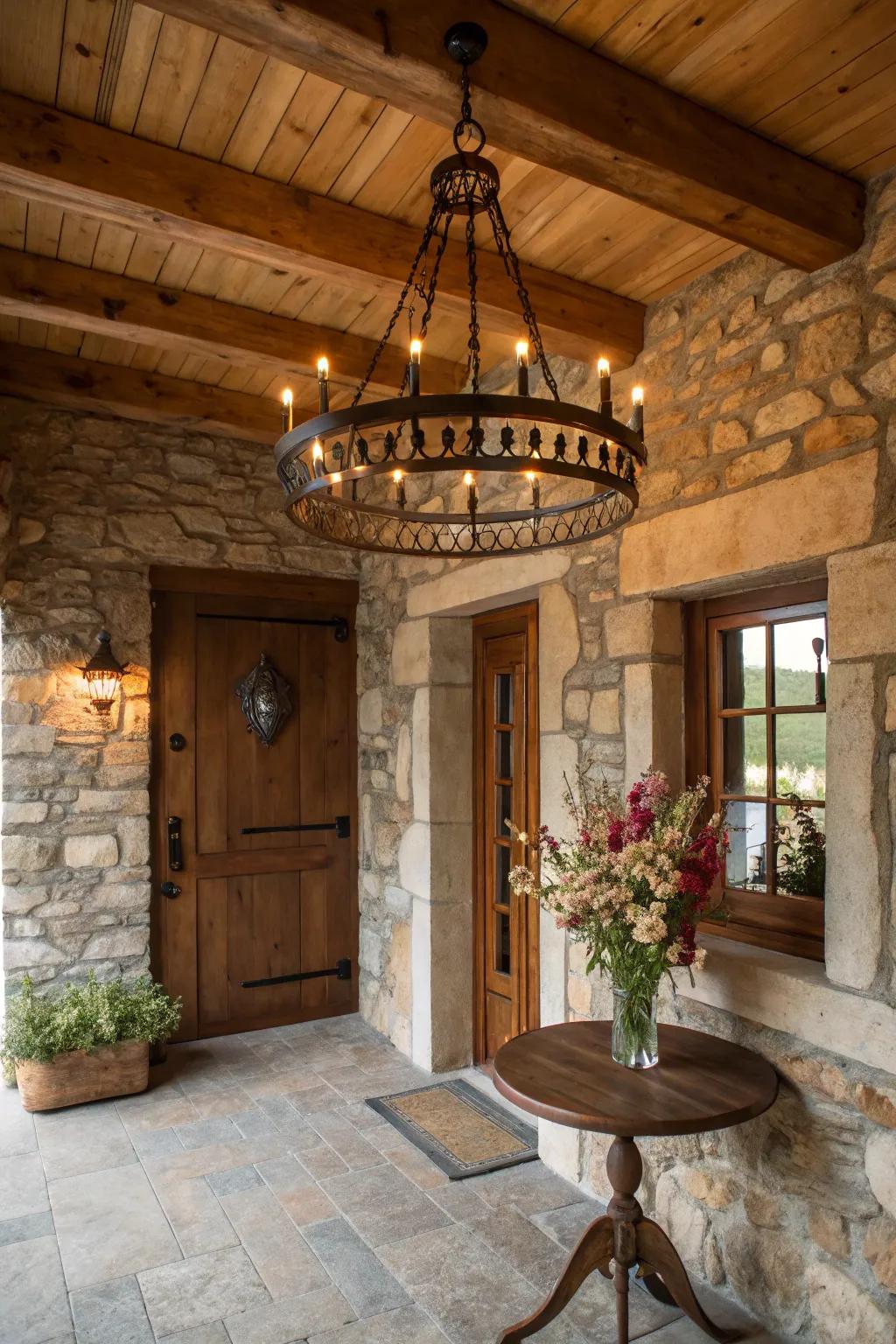 Country-style illumination amplifies the farmhouse vibe.