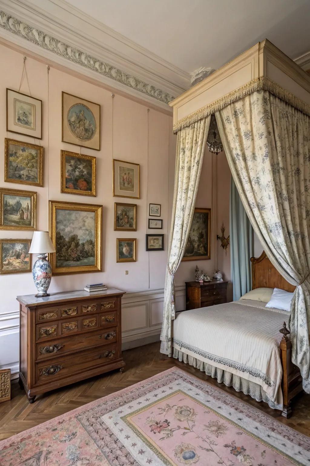 Time-honored art amplifies the charm of this French bedroom.