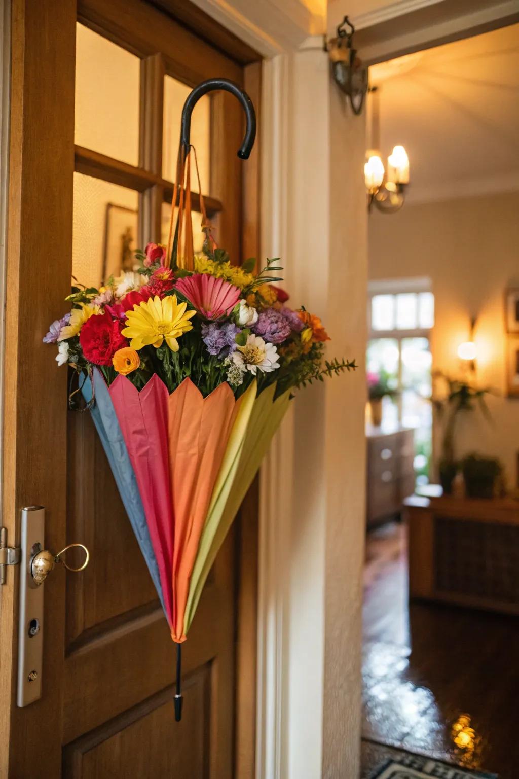 A quirky umbrella ornament infusing a playful nuance into your entrance.