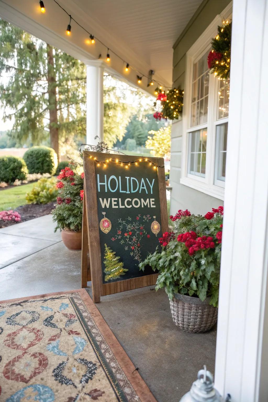 Holiday inscriptions welcome guests with festive cheer.